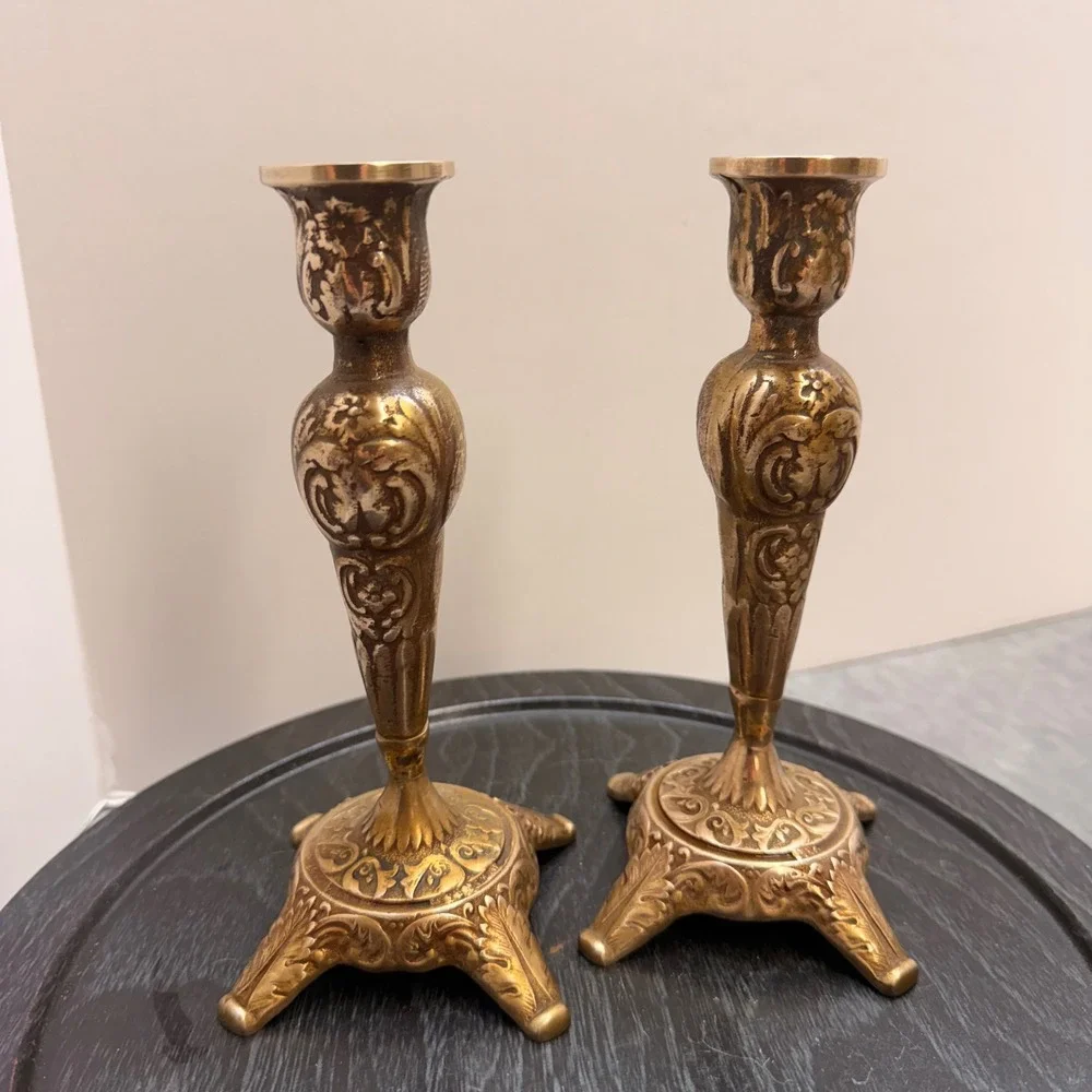 Vintage Brass Taper Candlestick Holders Pair Ornate Victorian Style Floral 7.5in